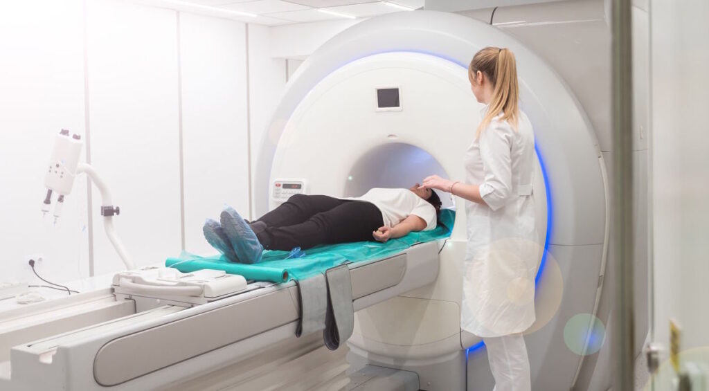 Female patient undergoing MRI