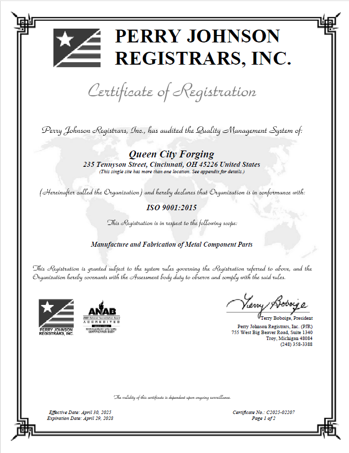 Queen City Forging Co's ISO Certificate