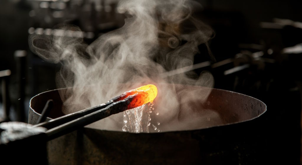 Close-up of hot metal quenching in water