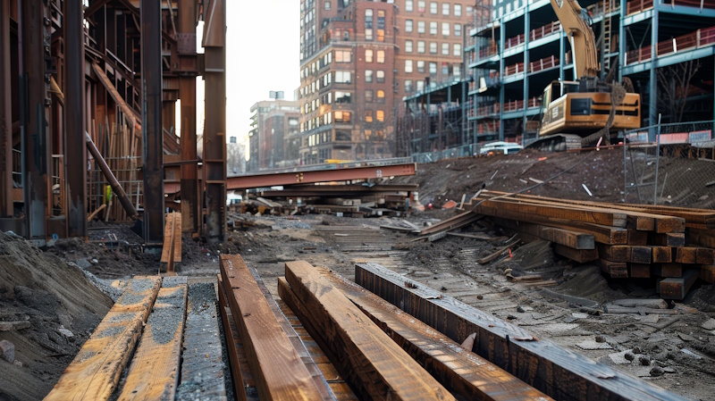 A close-up view of lumber and steel beams at a construction site.