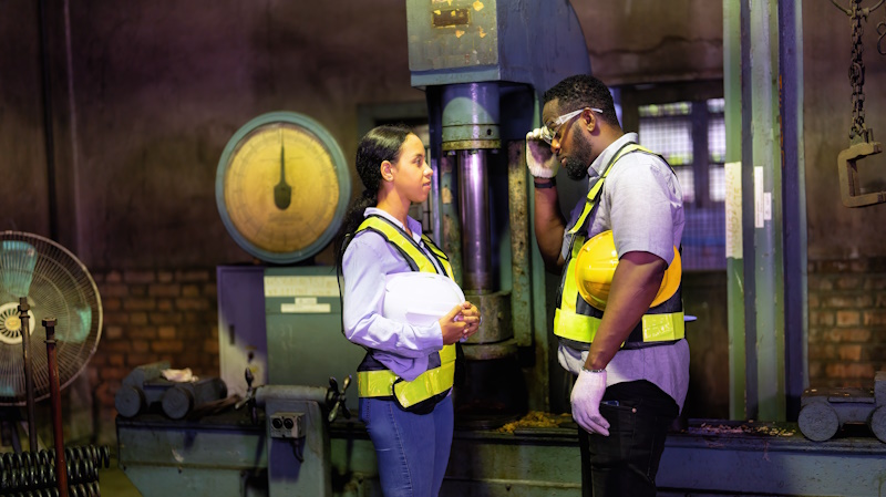 two coworkers discussing material and cost efficiency