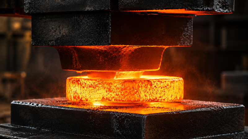 Heated carbon steel being shaped under a hydraulic forging press during the manufacturing process. Heated carbon steel being shaped under a hydraulic forging press during the manufacturing process.