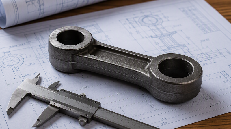 Precision forged carbon steel component on engineering drawings with measuring tools, illustrating industrial manufacturing quality. Precision forged carbon steel component on engineering drawings with measuring tools, illustrating industrial manufacturing quality.