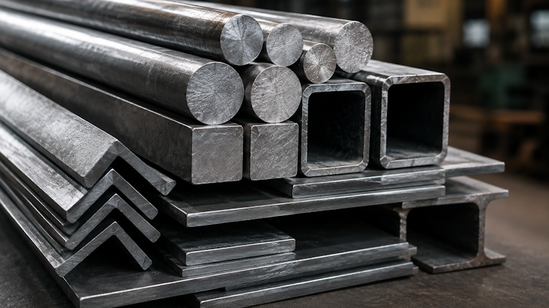 Raw carbon steel bars, square tubing, angle iron, and flat steel stock stacked in an industrial manufacturing facility. Raw carbon steel bars, square tubing, angle iron, and flat steel stock stacked in an industrial manufacturing facility.